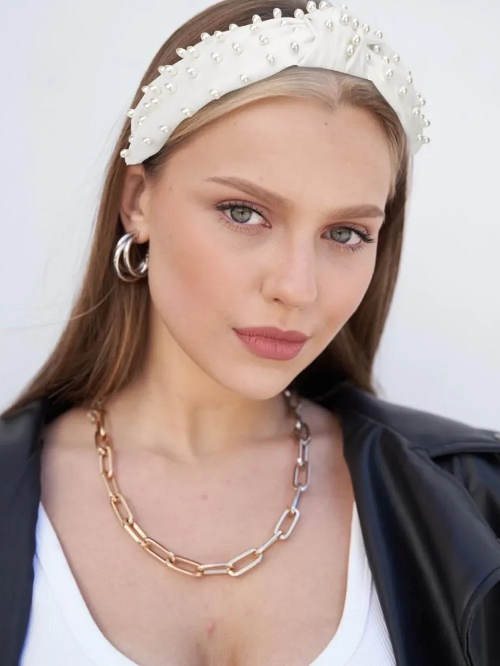 Pearl Embellished Knotted Headband for Women & Girls - Wide Faux Leather White H
